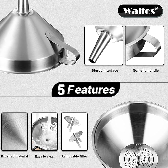 Walfos Extra Large Stainless Steel Funnel with Venting Slot, Kitchen Funnel with 2 Removable Strainer ＆ 1Pc Cleaning Brush, Perfect for Transferring Liquid, Oils, Jam, Dry Ingredients (Jumbo, 7.9") - Image 7
