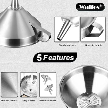 Stainless Steel Funnel, Walfos 3 Different Sizes of Kitchen funnels with 2 Removable Strainer ＆ 1Pcs Cleaning Brush, for Transferring of Liquid, Oils, Jam, Powder - Image 6