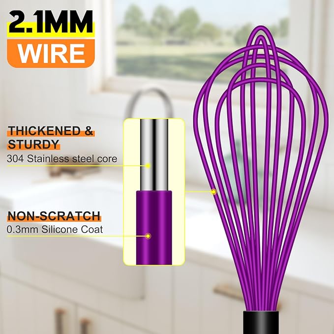 HOTEC 4 Pieces Silicone Whisks for Cooking, Wire Balloon Whisks Egg Beater, Non-Slip Handle Whisk for Non-Stick Cookware Perfect for Stirring, Beating and Blending, Stainless Steel, Purple - Image 8