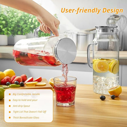 2 Liter 68 oz Glass Pitcher with Lid and Handle, Glass Carafe for Fridge, Water Pitcher for Hot/Cold Water, Large Jug for Iced Tea, Coffee, Juice and Homemade Beverage
