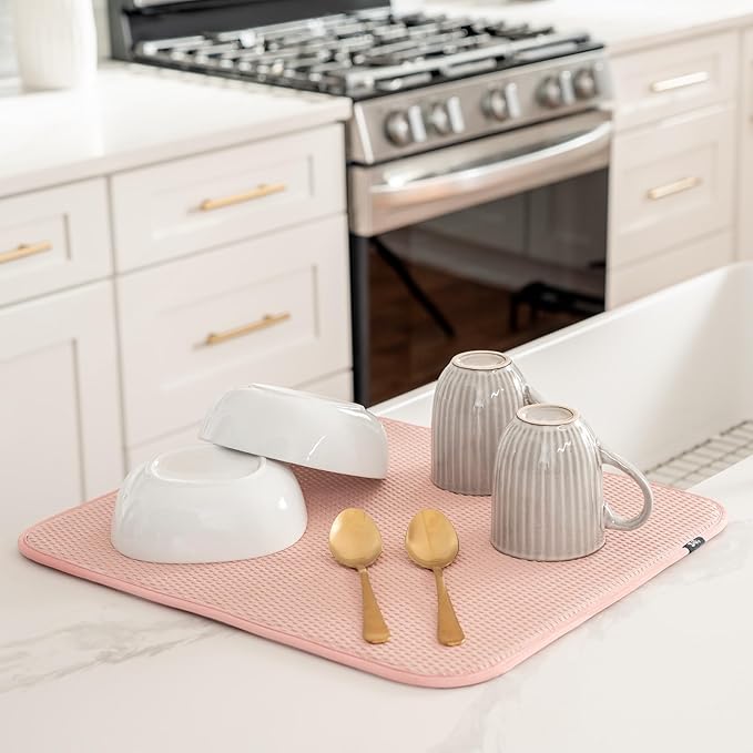 S&T INC. Dish Drying Mat, 16” x 18”, Absorbent Microfiber Kitchen Counter Mat, Drying Pad for Dishes, Utensils, Pots and Pans, Large, Diamond Texture, Pink - Image 2