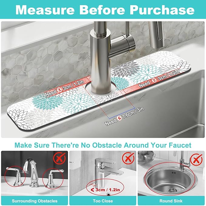Findosom 2PCS 17" x 32" Dish Drying Mat & 24" x 5.5" Sink Splash Guard, Super Absorbent & Cuttable Dish Mat Drying Kitchen Mat with Teal Floral, Hide Stain Drying Mat for Kitchen Counter - Image 3