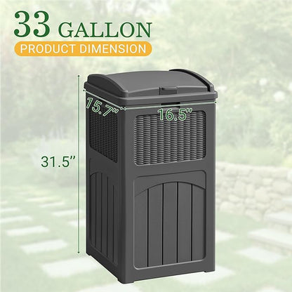 Greesum 33 Gallon Outdoor Trash Can with Lid, Waterproof Resin Garbage Bin for Hideaway, Deck, Patio, Gray