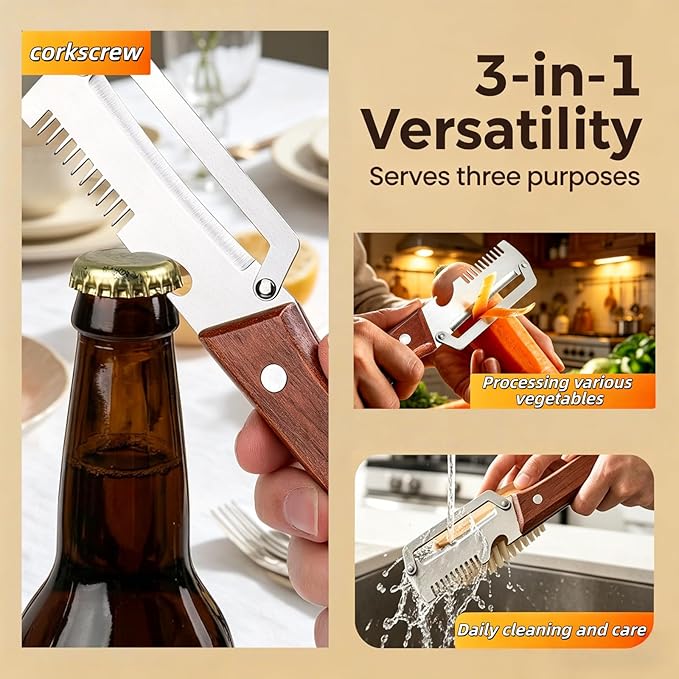NEW Premium Vegetable Peeler with Wooden Handle and Bottle Opener: 2-in-1 Stainless Steel Kitchen Tool for Fruit Apple Potato Pumpkin Papaya (1Pack) - Image 6