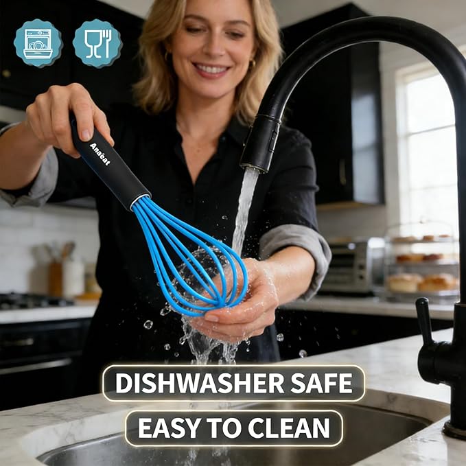Anaeat Silicone Kitchen Whisk Set of 4, Perfect for Non-Stick Cookware, Milk and Egg Beater Blender for Whisking, Cooking, Baking, Beating - 11'' Flat Whisk and 9''+11''+12'' Balloon Whisks (Blue) - Image 9