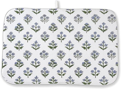 Vintage Blue Sage Green Floral Dish Drying Mat 18 x 24 Inch Block Print Floral Drying Mat for Kitchen Counter Absorbent Boho Flowers Dishes Dry Pad for Drainer Rack Kitchen Fast Dry