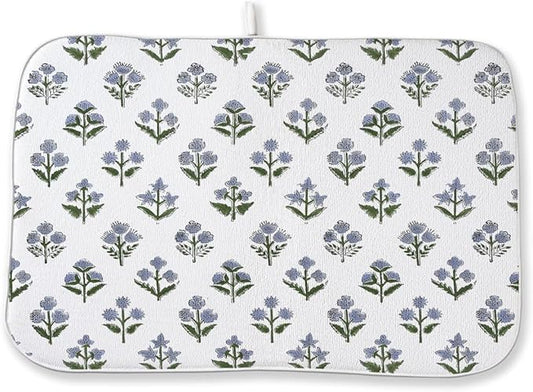 Vintage Blue Sage Green Floral Dish Drying Mat 18 x 24 Inch Block Print Floral Drying Mat for Kitchen Counter Absorbent Boho Flowers Dishes Dry Pad for Drainer Rack Kitchen Fast Dry