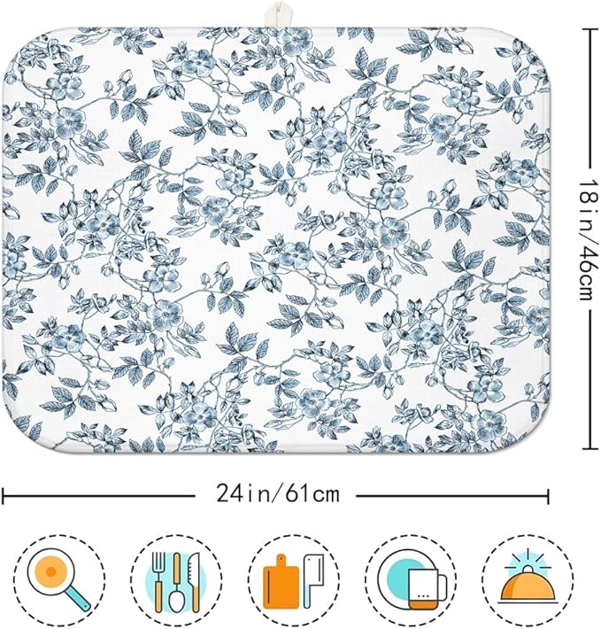 Floral Spring Large Dish Drying Mat for Kitchen Counter 18x24 Microfiber Absorbent - Foldable, Non-Slip, Compact Plant Leaves Kitchen XL Drying Mats for Dishes, Countertops, and Cookware - Image 7