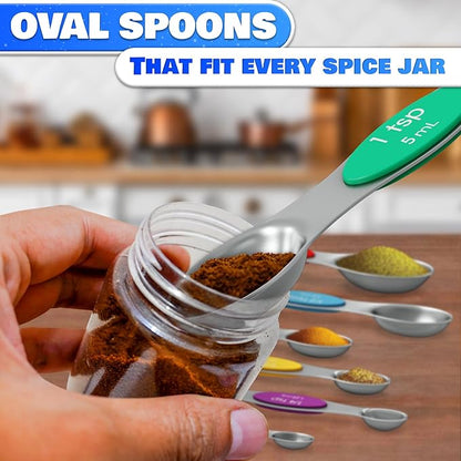 8 Pcs Magnetic Measuring Spoons Set Stainless Steel – Magnet Measuring Spoons 1/8 Tsp–1 Tbsp with Dual-Sided Design – Fits Narrow Spice Jars | Dry & Liquid Ingredients | Kitchen Ladle Gift Ideas