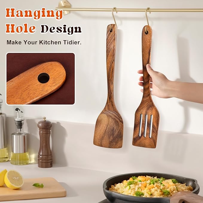 2Pcs Wooden Spatula, Acacia Solid & Slotted Turner Spatula Set, Long Handle Flat Frying Spatulas, Ideal Kitchen Gift for Mother and Grandma, Kitchen Utensils Set for Cooking, Frying, Baking - Image 4