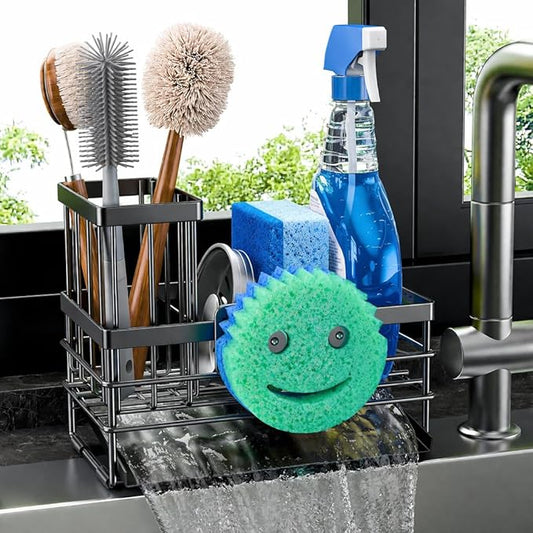 Cisily Sink Caddy with Smiley Face Sponge Holder for Kitchen with Brush Holder and Stainless Steel Self Drain Tray, Rustproof Kitchen Sink Organizer, Soap Dispenser Storage Accessories (Black) by CISILYHOMELIFE
