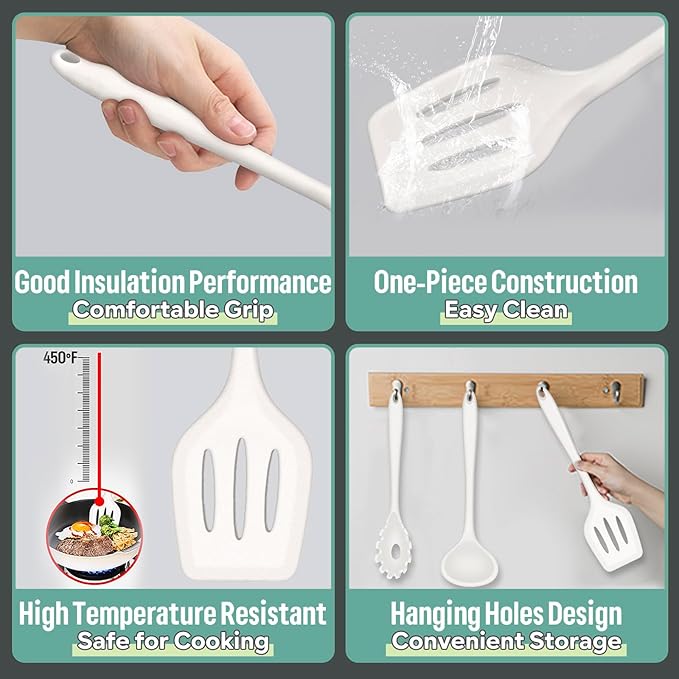 E-far Silicone Cooking Utensils Set, 7-Piece White Heat Resistant Kitchen Utensils Set, Kitchen Nonstick Tools Spatula Ladle Spoon Pasta Server for Non-stick Cookware, Non-Toxic & Dishwasher safe - Image 3