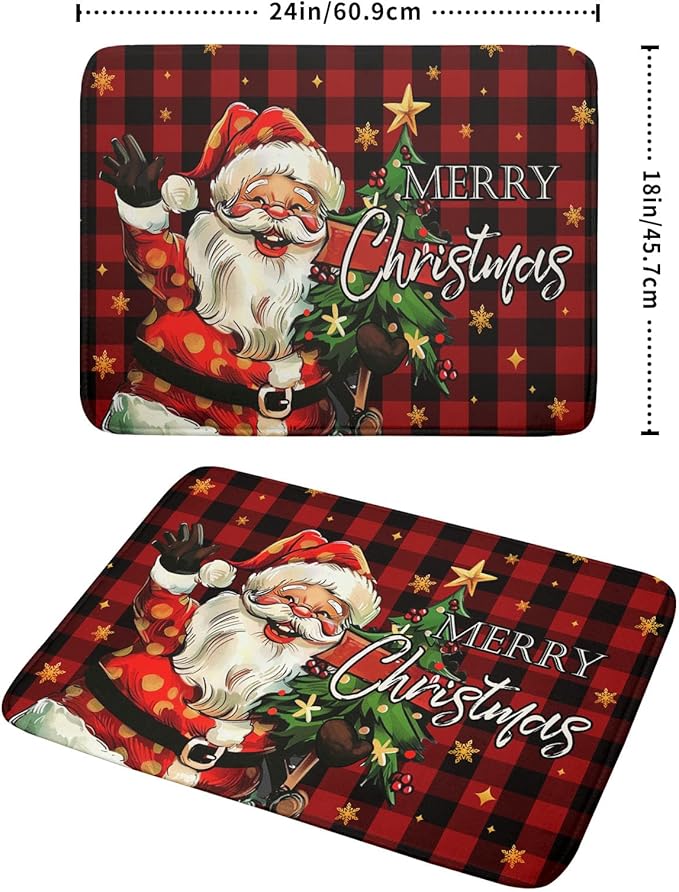 Merry Christmas Santa Claus Red Buffalo Plaid Dish Drying Mat for Kitchen Counter,Winter Snowflake Xmas Tree Drying Mat 18 x 24 Inch with Absorbent Reversible Microfiber Dish Drying Pad for Coffee Bar - Image 2
