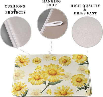 Yellow Sunflower Dish Drying Mat for Kitchen Counter Summer Daisy Floral Dishes Pad Farmhouse Flower Dish Draining Microfiber Absorbent Dish Drainer Rack Mat Large Extra Large 18x24 Inch - Image 3