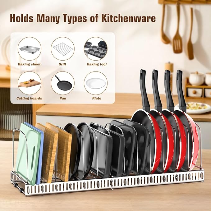Housolution Cutting Board Organizer Rack, Expandable Baking Tray and Cookie Sheet Organizer with 14 Adjustable Dividers, Bakeware Muffin Tin Cupcake Pan Storage Organizer for Cabinet, Silver - Image 2
