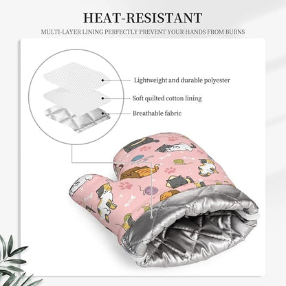 Cute Cats Oven Mitts and Pot Holders Sets Heat Resistant Non-Slip Silicone Oven Gloves Kitchen Accessories for Cooking Baking Grilling BBQ