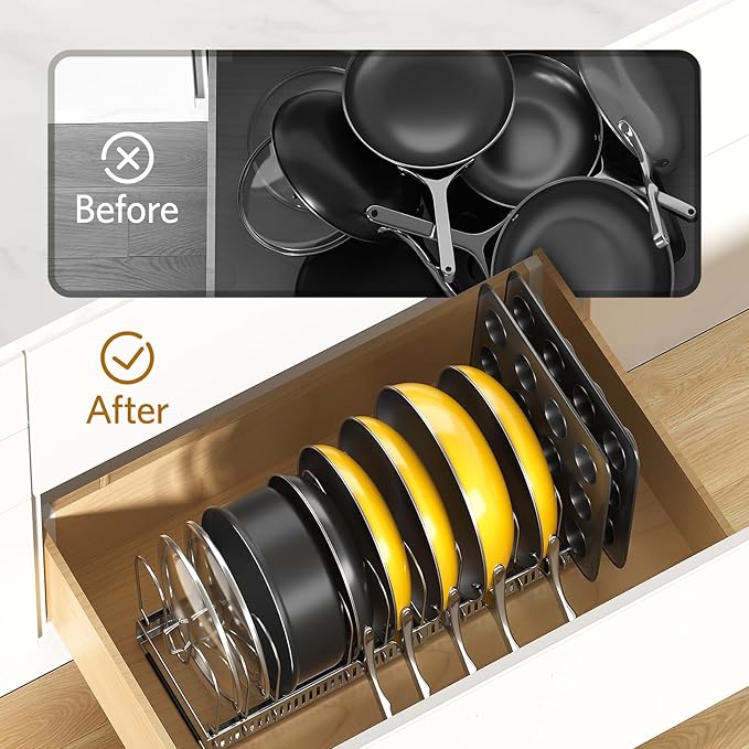 ORDORA Pots and Pans Organizer under Cabinet with Pan Holder: Expandable 11.8"-22.8" Kitchen Cabinet Organizer Rack, 12 Adjustable Dividers Storage for Cookie Sheets, Cutting Boards & Lid, Silver - Image 5