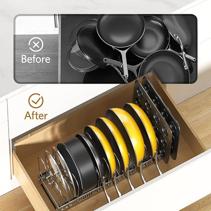 ORDORA Pots and Pans Organizer under Cabinet with Pan Holder: Expandable 11.8"-22.8" Kitchen Cabinet Organizer Rack, 12 Adjustable Dividers Storage for Cookie Sheets, Cutting Boards & Lid, Silver - Image 5