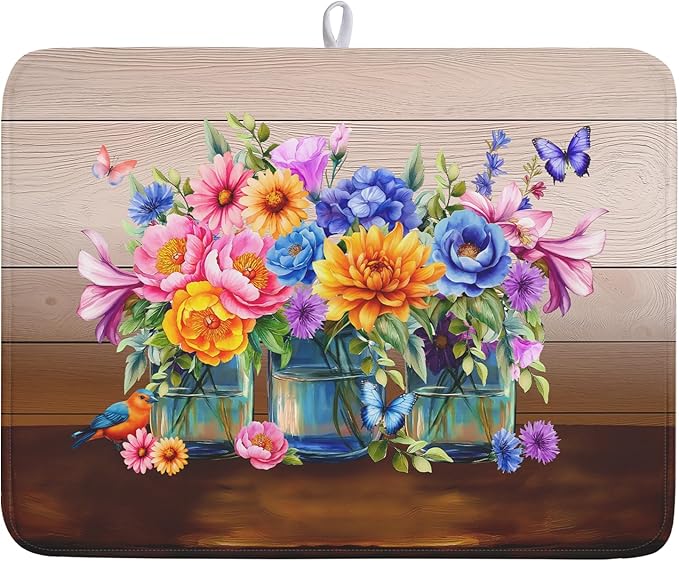 Spring Summer Flowers Dish Drying Mat for Kitchen Counter 18x24in Vintage Colorful Floral Kitchen Drying Mat Soft Absorbent Microfiber Farmhouse Flowers Dish Drainer Rack Mats for Kitchen Countertops