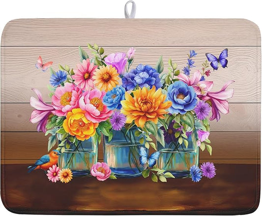 Spring Summer Flowers Dish Drying Mat for Kitchen Counter 18x24in Vintage Colorful Floral Kitchen Drying Mat Soft Absorbent Microfiber Farmhouse Flowers Dish Drainer Rack Mats for Kitchen Countertops