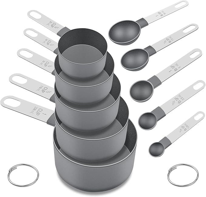 Measuring Cups and Spoons Set of 10 Pieces, Nesting Measure Cups Spoons with Stainless Steel Handle for Dry & Liquid Ingredient, Kitchen Gadgets, Grey by FONYA