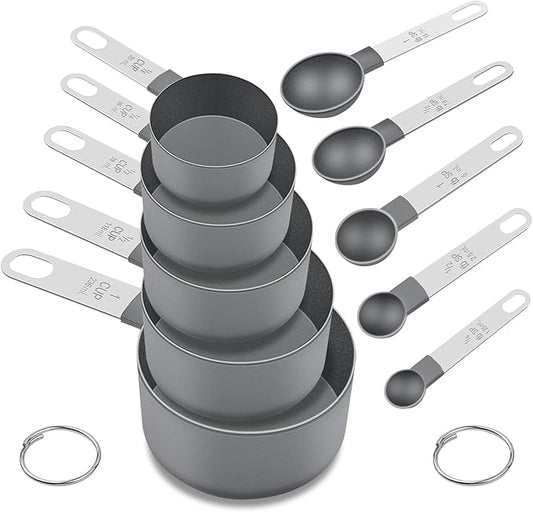 Measuring Cups and Spoons Set of 10 Pieces, Nesting Measure Cups Spoons with Stainless Steel Handle for Dry & Liquid Ingredient, Kitchen Gadgets, Grey by FONYA