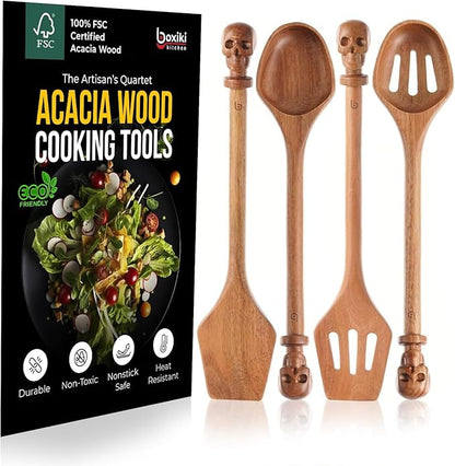 Acacia Wood Cooking Utensil Set with Skull Handles – 4-Piece FSC Certified Acacia Wood Kitchen Tools, Eco-Friendly Nonstick Safe Cooking Utensils (Spatula, Spoon, Slotted Turner, Slotted Spoon) by Boxikikitchen