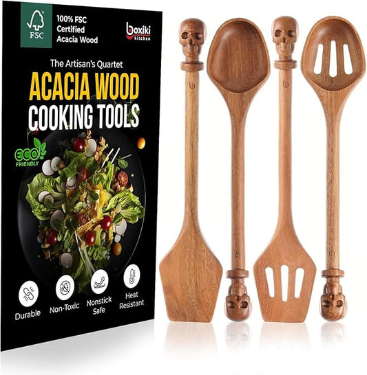 Acacia Wood Cooking Utensil Set with Skull Handles – 4-Piece FSC Certified Acacia Wood Kitchen Tools, Eco-Friendly Nonstick Safe Cooking Utensils (Spatula, Spoon, Slotted Turner, Slotted Spoon) by Boxikikitchen