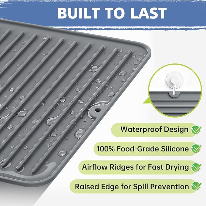 Songrey 24" x 18" Silicone Dish Drying Mat, Kitchen Counter Drying Pad for Sink Dishes or Under Rack, Multi-Use as Heat Resistant Trivet, Coffee Bar Mat - Image 2