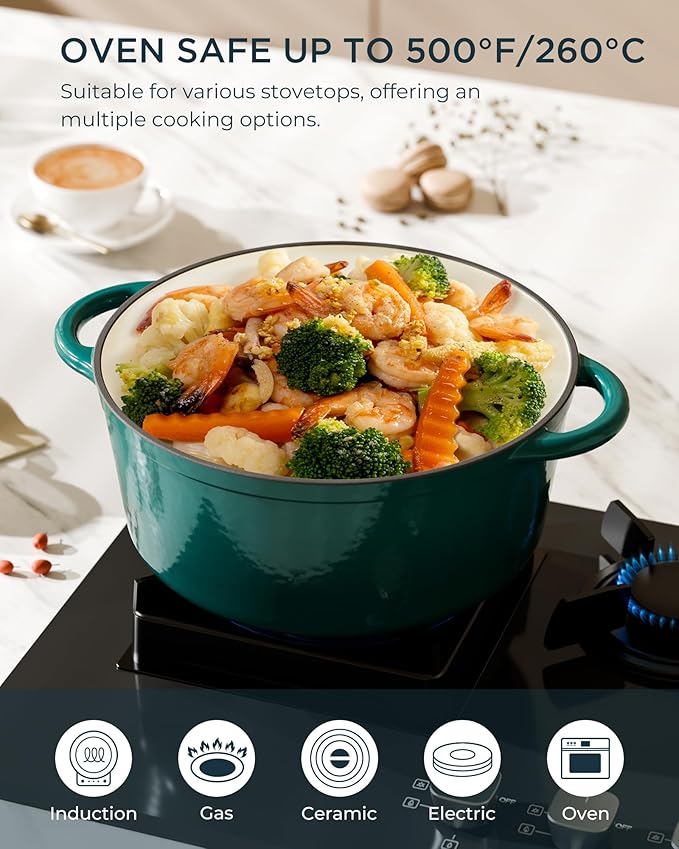 Enameled Cast Iron Dutch Oven - 7.5QT Pot with Lid & Cotton Potholders - Heavy-Duty Cookware for Braising, Stews, Roasting, Bread Baking, Oven Safe up to 500°F & Across All Stovetops, Bottle Green - Image 5