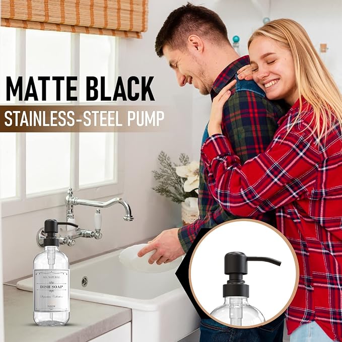 Sunrise Premium 2 Pack Clear Glass Soap Dispenser 16 OZ with Matte Black Stainless Steel Pump, Hand and Dish Soap Dispenser Set for Bathroom and Kitchen Sink with 6 Waterproof Labels - Image 5