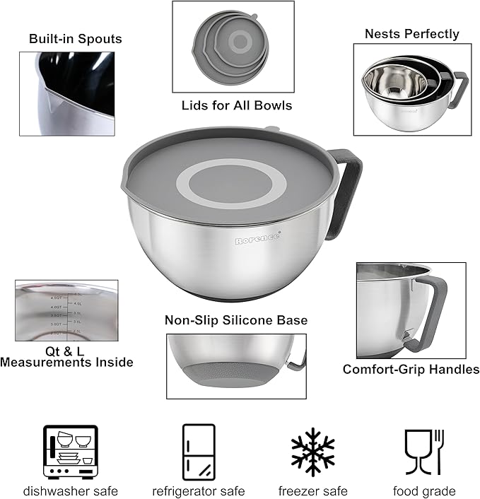 Rorence Mixing Bowls Set: Stainless Steel Non-Slip Bowls with Pour Spout, Handle and Lid - Set of 3 - Gray - Image 4