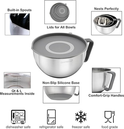 Rorence Mixing Bowls Set: Stainless Steel Non-Slip Bowls with Pour Spout, Handle and Lid - Set of 3 - Gray - Image 4