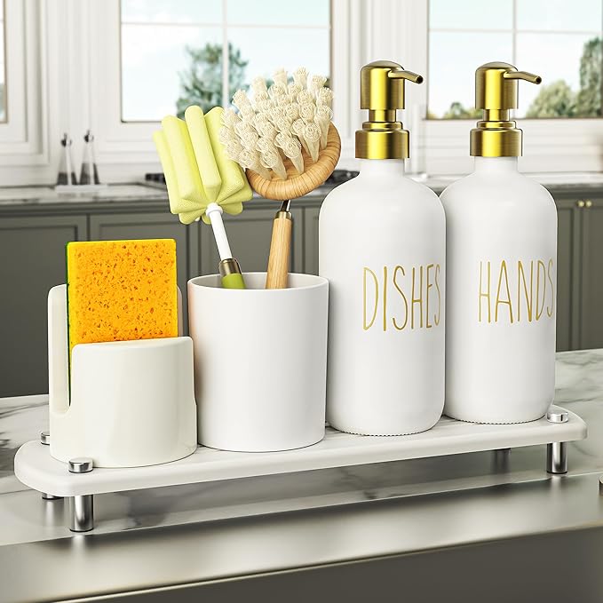 Cisily Kitchen Soap Dispenser Set Comes with Ceramics Sponge Holder, Gold Pumps, and Instant Dry Tray, Hand and Dish Soap Dispenser Set (5, Gold + White + Brush Holder + Sponge Holder) by CISILYHOMELIFE