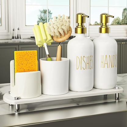 Cisily Kitchen Soap Dispenser Set Comes with Ceramics Sponge Holder, Gold Pumps, and Instant Dry Tray, Hand and Dish Soap Dispenser Set (5, Gold + White + Brush Holder + Sponge Holder) by CISILYHOMELIFE