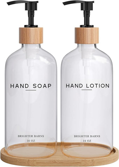 Clear Glass Soap and Lotion Dispenser Set with Tray by Brighter Barns - Hand Soap Dispenser Bathroom Set - Liquid Soap Dispenser and BPA-Free Pump - Neutral Home Decor & Modern Bathroom Accessories by BrighterBarns