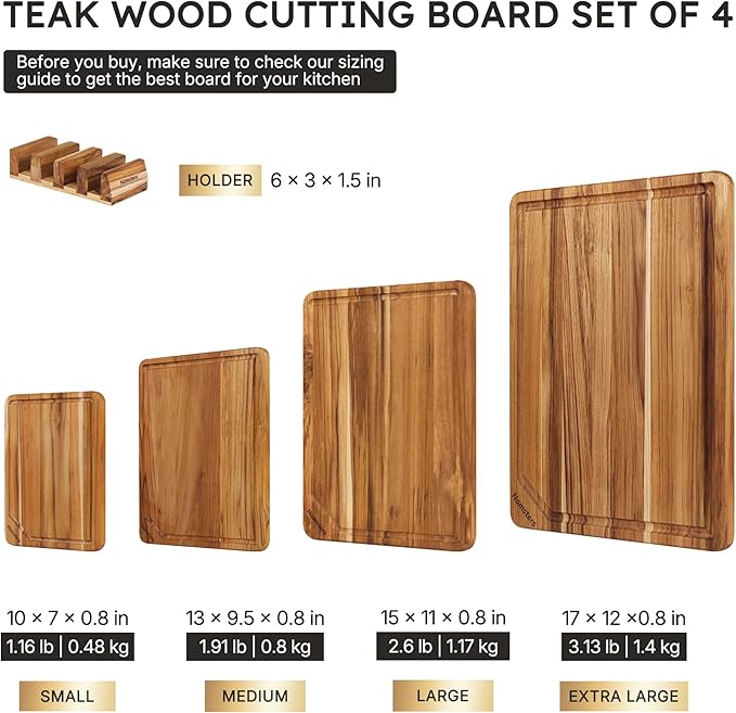 4 Pack Teak Wood Cutting Board Set for Kitchen Heavy Duty Non Toxic Non Slip Solid Thick Wood Haus Chopping Board Extra Large Big Small Meat Best Non Toxic Kitchen Essential House Warming Hostess Gift - Image 2