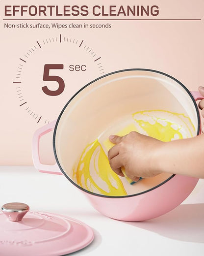 Ciwete 6 QT Dutch Oven Pot with Lid, Enameled Cast Iron Dutch Oven for Bread Making, Braiser, Cooking, Dual Handles, Oven Safe up to 500° F or on Stovetop, Gifts for Family - Pink