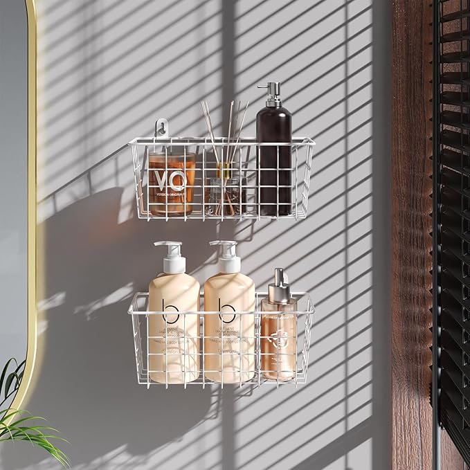 MaraFansie Hanging Wire Baskets Kitchen Storage Basket Adhesive and Screws Basket Over the Cabinet Door Organizer with Adhesive Strips and Screws Accessories, White, 4 Pack - Image 3