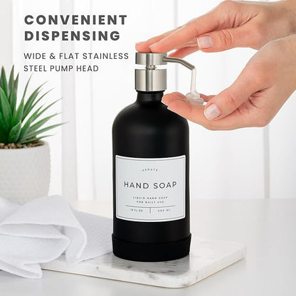 Hand and Dish Soap Dispenser for Kitchen and Bathroom, Set of 2 16 Oz Glass Bottles, Stainless Steel Pumps, Non-Slip Silicone Base, 27 Waterproof Labels (Matte Black Bottle/Brushed Silver Pump) - Image 4