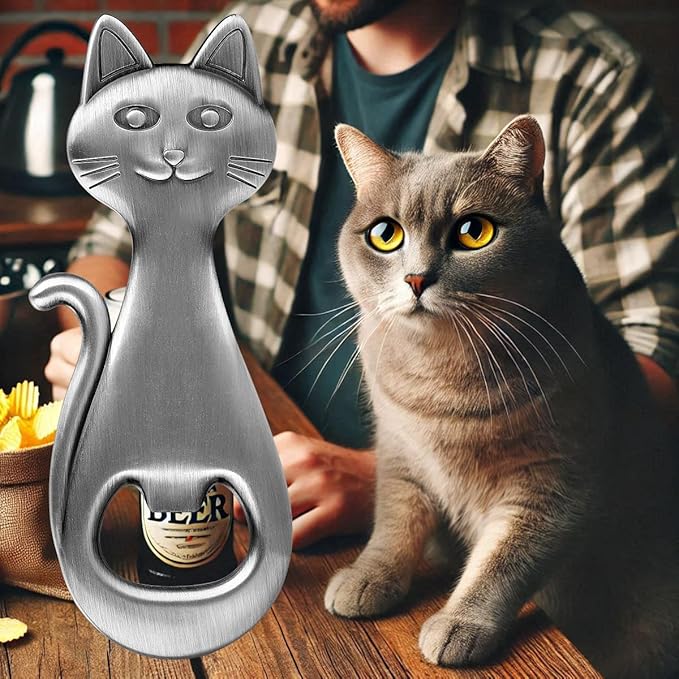 Cat Beer Bottle Opener, Cat Gifts for Cat Lovers, Kitty Beer Opener, Birthday Gifts, Christmas Gifts for Women Men, Silver with Bag