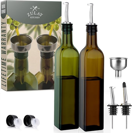 Zulay Kitchen (2 pack 17oz Olive Oil Dispenser Bottle For Kitchen - With 2 Spouts, 2 Removable Corks, 2 Caps, & 1 Funnel - Oil Bottle For Kitchen & Storing Liquids by ZulayKitchen