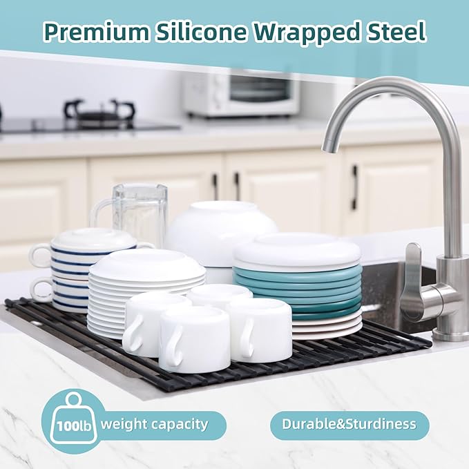 Ohuhu Roll Up Dish Racks, 16.5" L x 13" W Over The Sink Dish Drainer Drying Rack Kitchen Sink Organizer Silicone Wrapped Large in Sink Dish Drying Rack Foldable Rolling Drain Mats Anti-Slip - Image 9