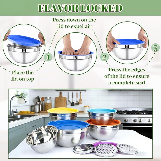 8PCS Mixing Bowls with Lids Set - 5 Nesting Mixing Bowls, 3 Grater Attachments, Lids, Stainless Steel Mixing Bowls for Mixing & Serving, Size 1.5/2.1/3.5/4/4.5 QT, Colorful - Image 5