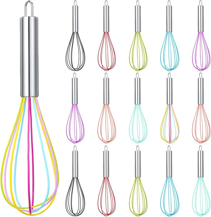 Domensi 16 Pcs 8 Inch Whisks Bulk for Cooking Silicone Whisks Non Scratch Stainless Steel Hand Coated Metal Heat Resistant Egg Beaters for Classroom Cook Party Favor Gift Supplies by Domensi