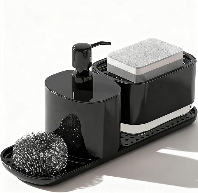 Kitchen Soap Dispenser Set with Tray, 4-in-1 Dual Hand and Dish Soap Dispenser with Sponge Holder for Kitchen Sink, Practical Kitchen Gadgets (Black)