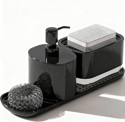 Kitchen Soap Dispenser Set with Tray, 4-in-1 Dual Hand and Dish Soap Dispenser with Sponge Holder for Kitchen Sink, Practical Kitchen Gadgets (Black)