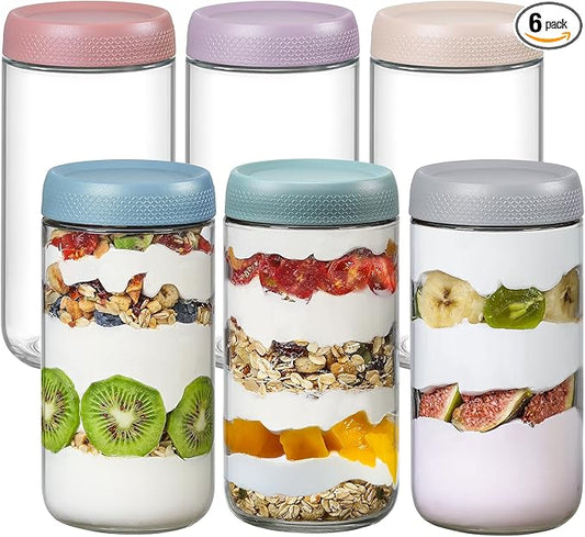 NETANY 6-pack 24oz Glass jars with Airtight Lids, Overnight Oats Containers with Lids, Wide mouth Mason Salad jars, Glass Food Storage Containers for Snacks Yogurt Spice Sugar by NETANY