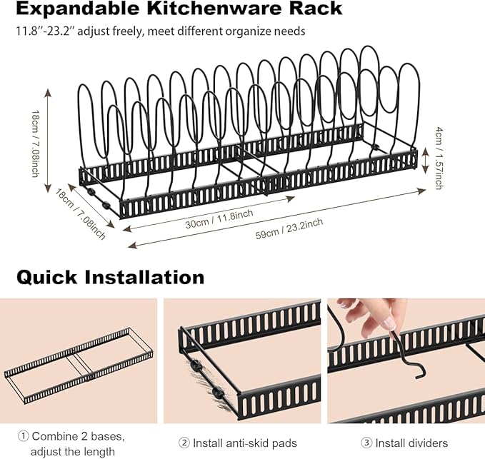 Housolution 2 Pack Pot and Pan Organizer, 12"-23" Expandable Pot Lid Organizer with 14 Adjustable Dividers, Pan Lid Holder Storage Rack for Cabinet, Black - Image 5