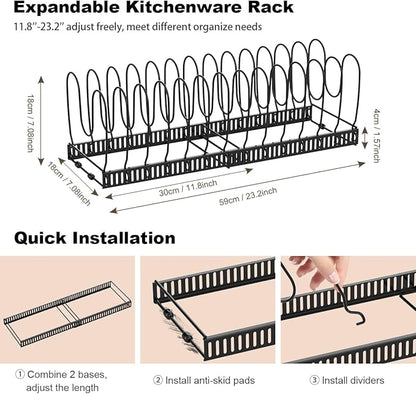 Housolution 2 Pack Pot and Pan Organizer, 12"-23" Expandable Pot Lid Organizer with 14 Adjustable Dividers, Pan Lid Holder Storage Rack for Cabinet, Black - Image 5